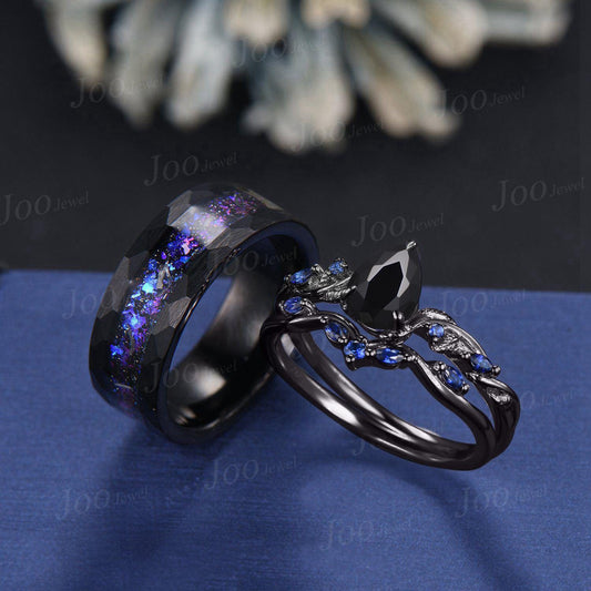 Black Promise Ring Set for Couple, Pear Cut Natural Black Onyx Black Ring Set for Women, Black Tungsten Band for Men, Matching Couple Ring