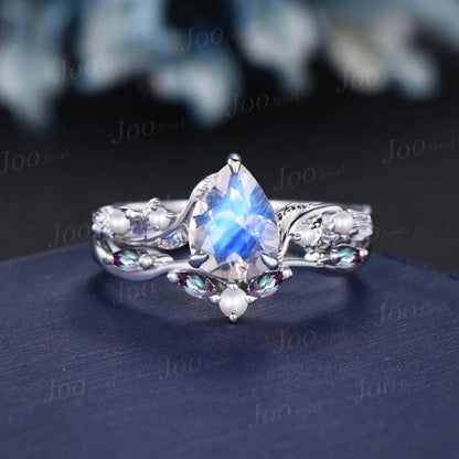 1.25ct Pear Cut Natural Moonstone Pearl Wedding Ring Nature Inspired Moonstone Bridal Ring Unique June Birthstone Birthday Gifts for Women