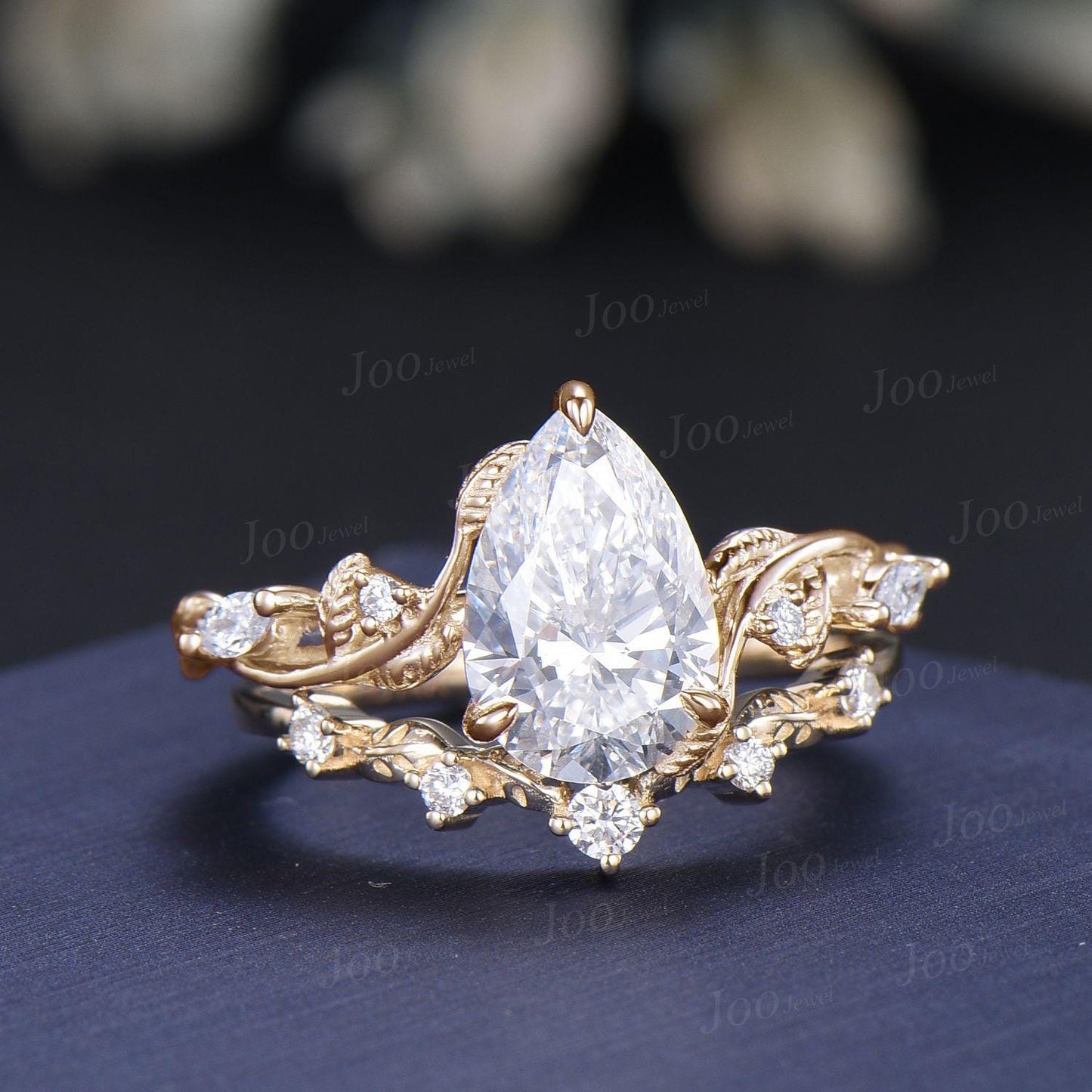 2 Carat Sparkling Teardrop Cut Lab Grown Diamond Engagement Ring Set with IGI Certificate 14K Solid Yellow Gold Nature Inspired Bridal Rings