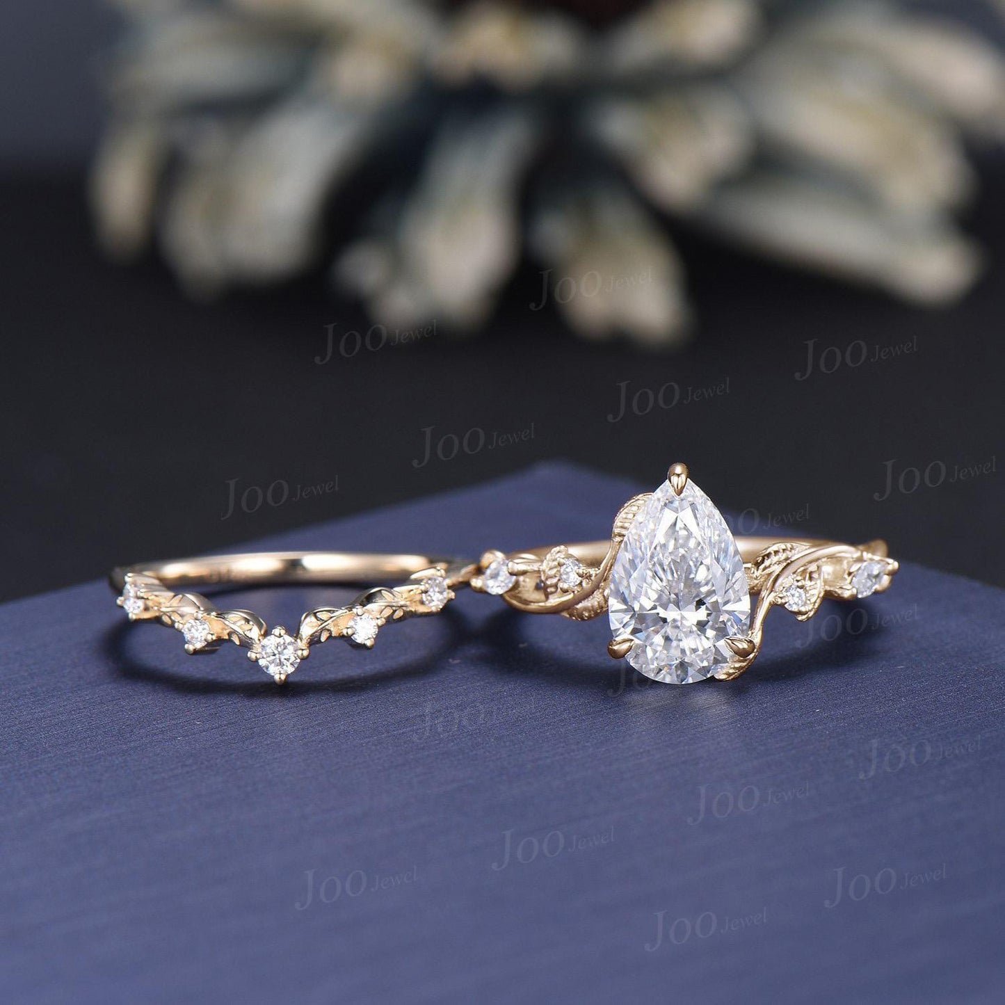 2 Carat Sparkling Teardrop Cut Lab Grown Diamond Engagement Ring Set with IGI Certificate 14K Solid Yellow Gold Nature Inspired Bridal Rings