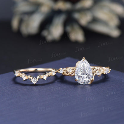 2 Carat Sparkling Teardrop Cut Lab Grown Diamond Engagement Ring Set with IGI Certificate 14K Solid Yellow Gold Nature Inspired Bridal Rings
