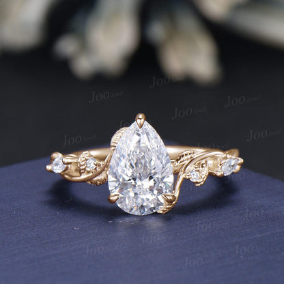 2 Carat Sparkling Teardrop Cut Lab Grown Diamond Engagement Ring Set with IGI Certificate 14K Solid Yellow Gold Nature Inspired Bridal Rings