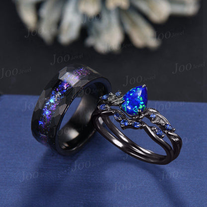 1.25ct Pear Cut Blue Opal Black Promise Ring Set for Her with Galaxy Sandstone Black Tungsten Band for Him Unique Matching Couple Rings Set