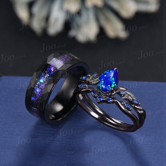 1.25ct Pear Cut Blue Opal Black Promise Ring Set for Her with Galaxy Sandstone Black Tungsten Band for Him Unique Matching Couple Rings Set