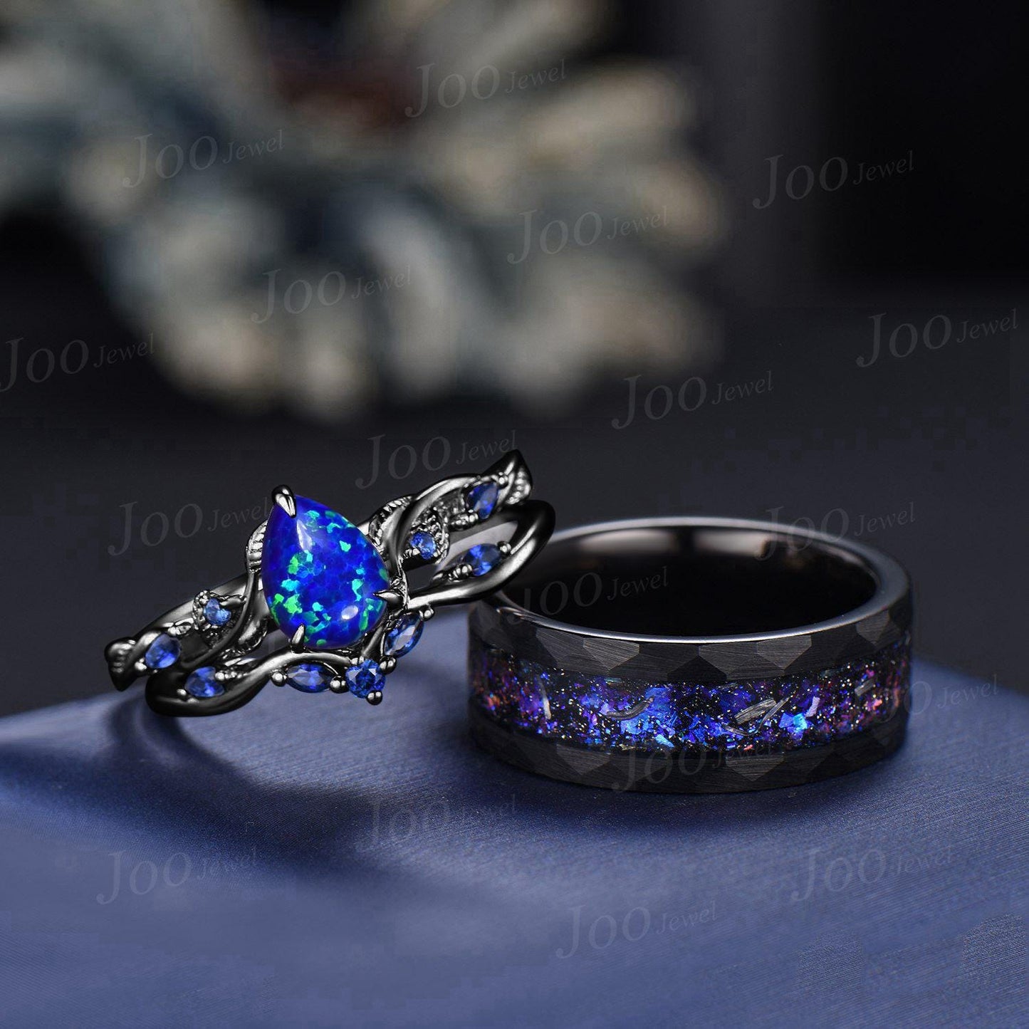 1.25ct Pear Cut Blue Opal Black Promise Ring Set for Her with Galaxy Sandstone Black Tungsten Band for Him Unique Matching Couple Rings Set