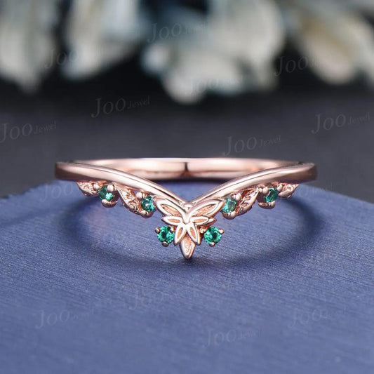 Green Emerald Curved Leaf Wedding Band 14K Rose Gold Nature Inspired Contour Ring Women Unique Matching Band Stacking Ring for Bridal Set
