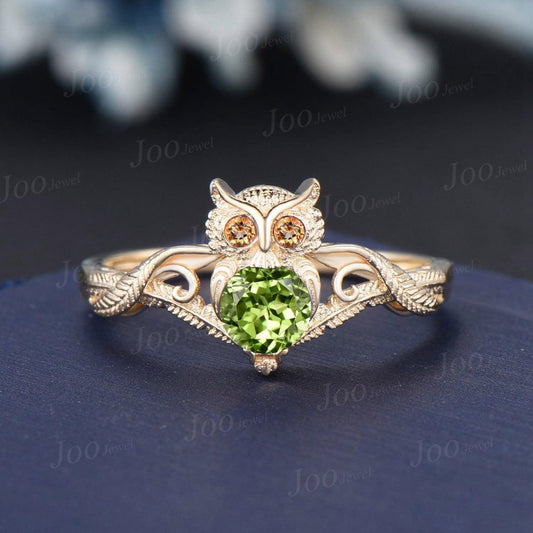 925 Sterling Silver 5mm Round Cut Citrine Peridot Owl on Branch Nature Engagement Ring Unique August Birthstone Birthday Gifts for Daughter