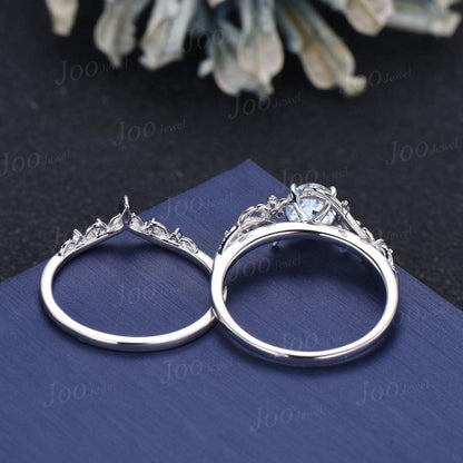 1ct Round Cut Natural Aquamarine Engagement Ring Set Sterling Silver Leaf Nature Inspired Blue Sapphire Aquamarine Wedding Ring for Women