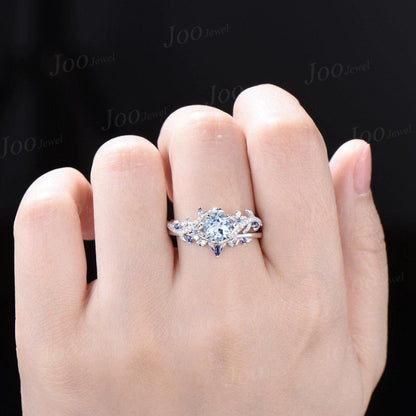 1ct Round Cut Natural Aquamarine Engagement Ring Set Sterling Silver Leaf Nature Inspired Blue Sapphire Aquamarine Wedding Ring for Women