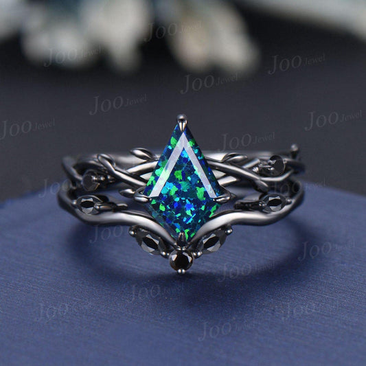 Antique Kite Cut Blue Opal Engagement Ring Set Twig Vine Black Onyx Wedding Ring Kite Bridal Set Gothic Black Wedding Ring Set for Women