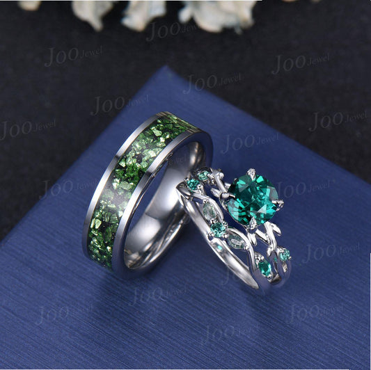 2pcs Round Green Emerald Branch Couples Ring-His and Hers Wedding Band-Sterling Silver Ring-Nature Inspired Matching Band-Anniversary Rings