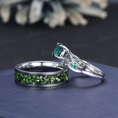 2pcs Round Green Emerald Branch Couples Ring-His and Hers Wedding Band-Sterling Silver Ring-Nature Inspired Matching Band-Anniversary Rings