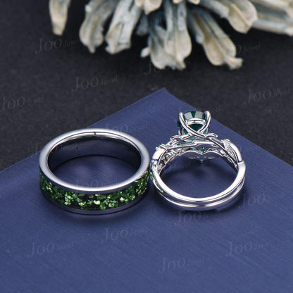 2pcs Round Green Emerald Branch Couples Ring-His and Hers Wedding Band-Sterling Silver Ring-Nature Inspired Matching Band-Anniversary Rings