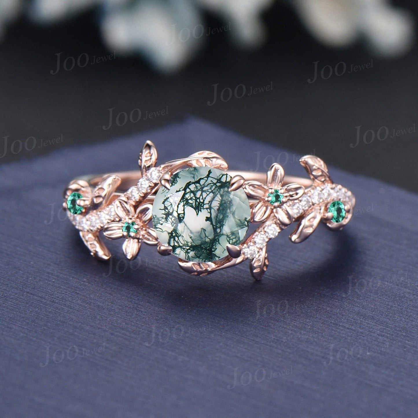 1ct Round Cut Natural Moss Agate Engagement Ring Set,10K Solid Gold Floral Leaf Wedding Bridal Ring ,Moss Agate Emerald Promise Ring Gifts