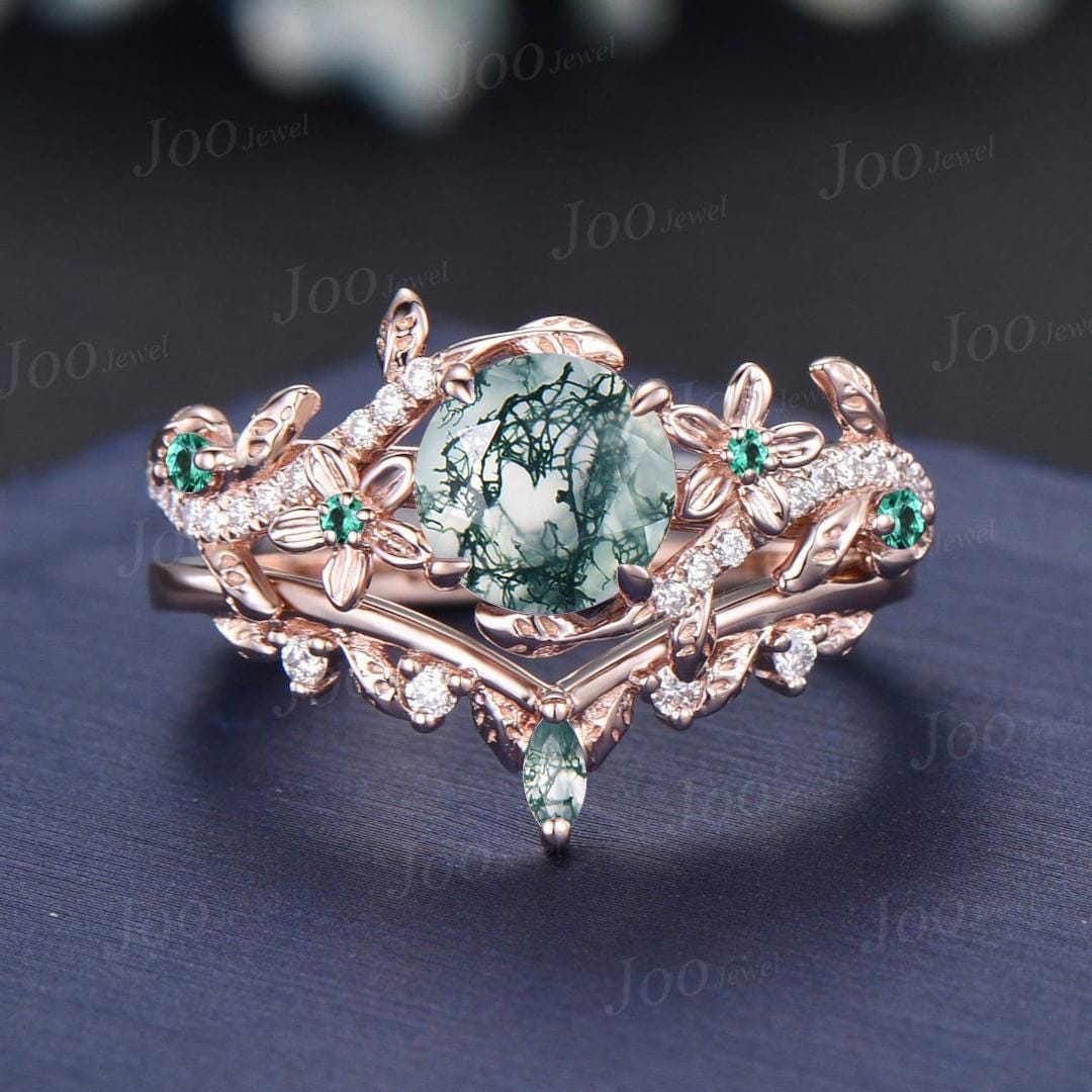 1ct Round Cut Natural Moss Agate Engagement Ring Set,10K Solid Gold Floral Leaf Wedding Bridal Ring ,Moss Agate Emerald Promise Ring Gifts