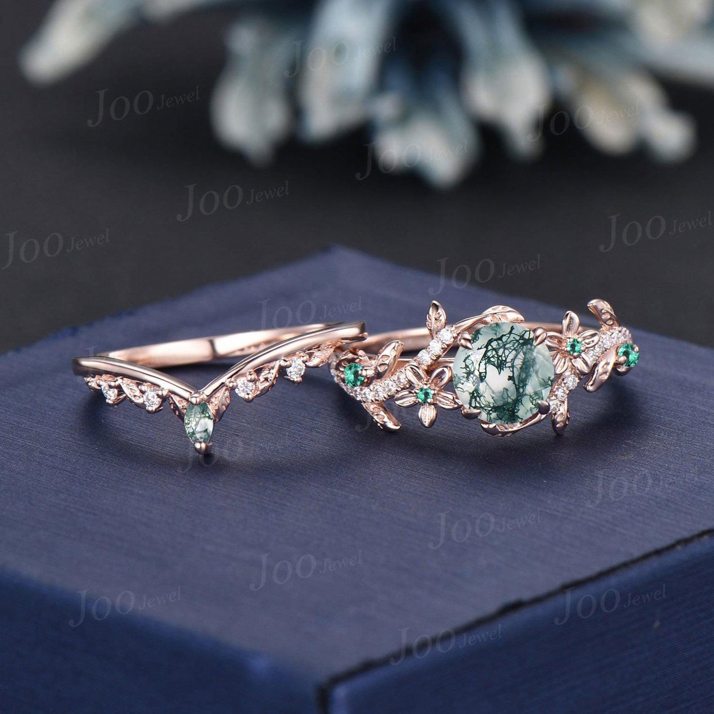 1ct Round Cut Natural Moss Agate Engagement Ring Set,10K Solid Gold Floral Leaf Wedding Bridal Ring ,Moss Agate Emerald Promise Ring Gifts
