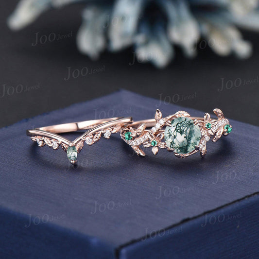 1ct Round Cut Natural Moss Agate Engagement Ring Set,10K Solid Gold Floral Leaf Wedding Bridal Ring ,Moss Agate Emerald Promise Ring Gifts