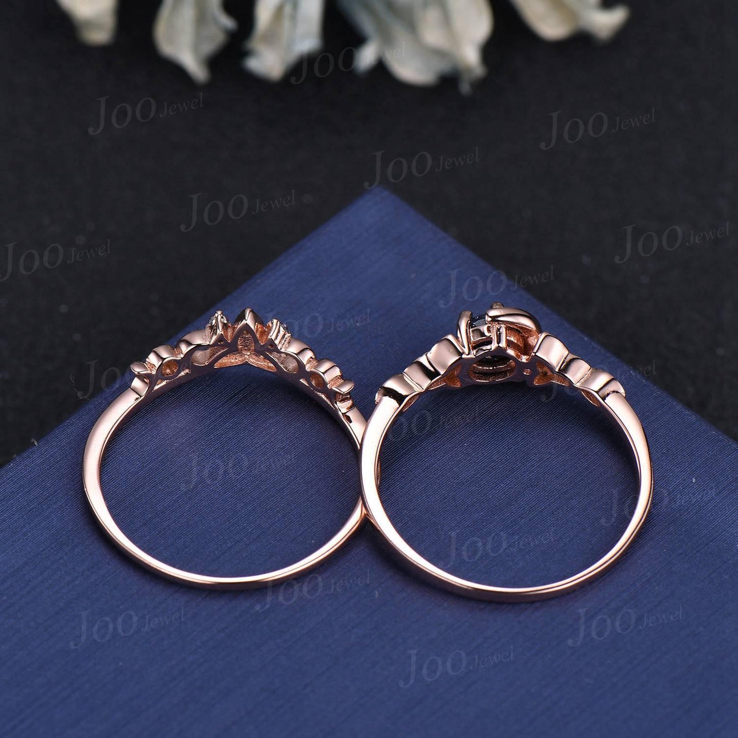 5mm Round Galaxy Blue Sandstone Crescent Moon Bridal Ring For Women Vintage Trinity Knot Promise Ring Art Deco 14K Rose Gold Wedding Rings