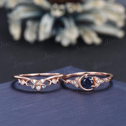 5mm Round Galaxy Blue Sandstone Crescent Moon Bridal Ring For Women Vintage Trinity Knot Promise Ring Art Deco 14K Rose Gold Wedding Rings