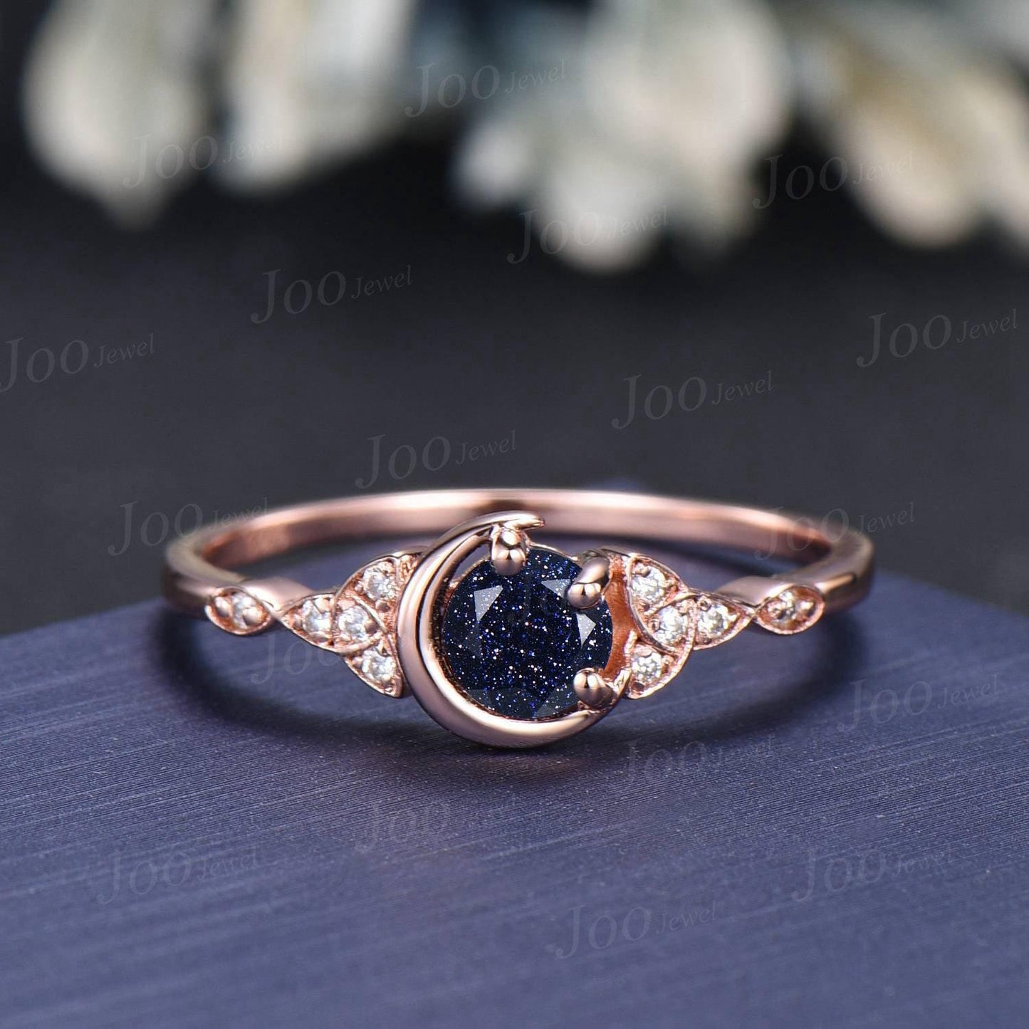 5mm Round Galaxy Blue Sandstone Crescent Moon Bridal Ring For Women Vintage Trinity Knot Promise Ring Art Deco 14K Rose Gold Wedding Rings