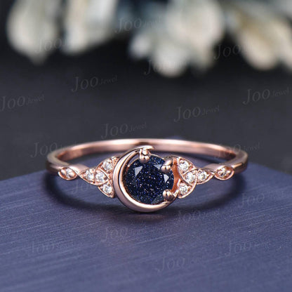5mm Round Galaxy Blue Sandstone Crescent Moon Bridal Ring For Women Vintage Trinity Knot Promise Ring Art Deco 14K Rose Gold Wedding Rings