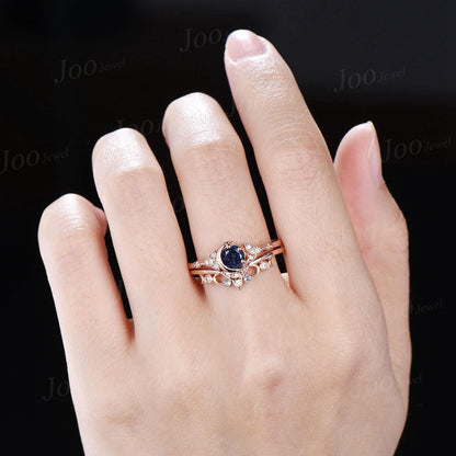 5mm Round Galaxy Blue Sandstone Crescent Moon Bridal Ring For Women Vintage Trinity Knot Promise Ring Art Deco 14K Rose Gold Wedding Rings