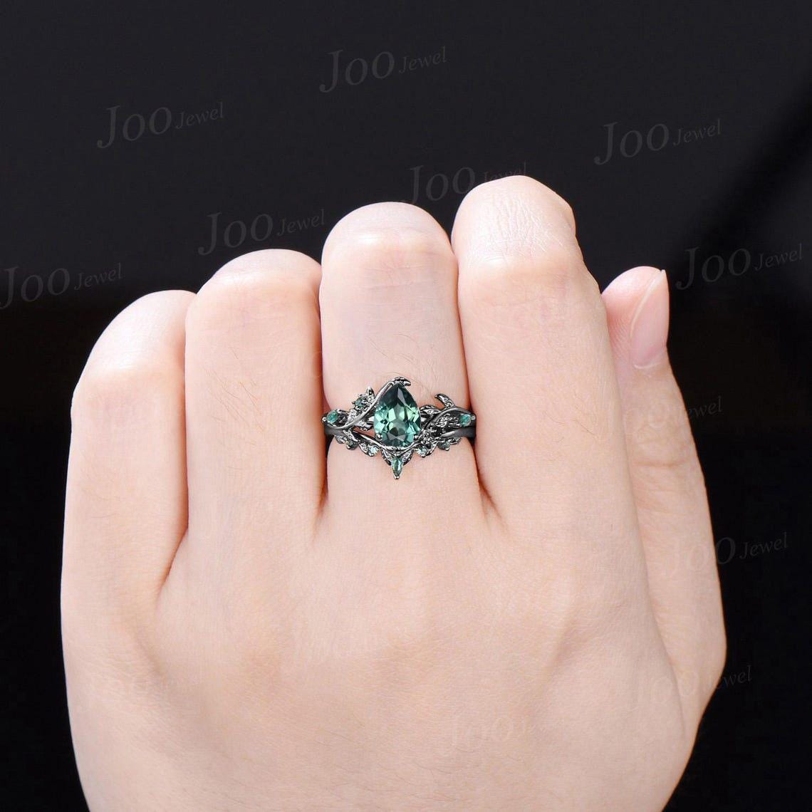 Black Gold Green Sapphire Engagement Ring Set 1.25ct Pear Cut Blue Montana Teal Sapphire Leaf Wedding Ring Set Goth Black Promise Ring Women