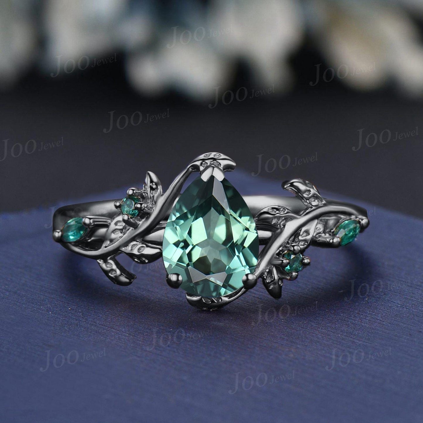 Black Gold Green Sapphire Engagement Ring Set 1.25ct Pear Cut Blue Montana Teal Sapphire Leaf Wedding Ring Set Goth Black Promise Ring Women