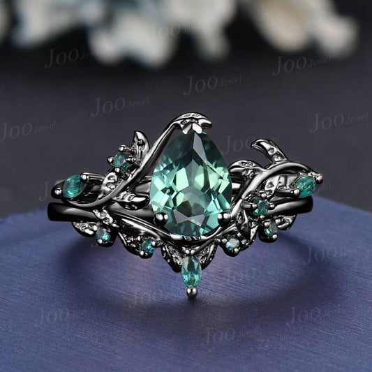 Black Gold Green Sapphire Engagement Ring Set 1.25ct Pear Cut Blue Montana Teal Sapphire Leaf Wedding Ring Set Goth Black Promise Ring Women