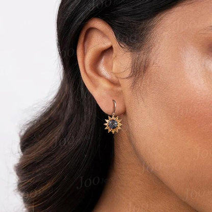 Sterling Silver Sunflower Hook Earrings Round Natural Black Rutilated Quartz Citrine Boho Studs -You Are My Sunshine Unique Birthday Gifts