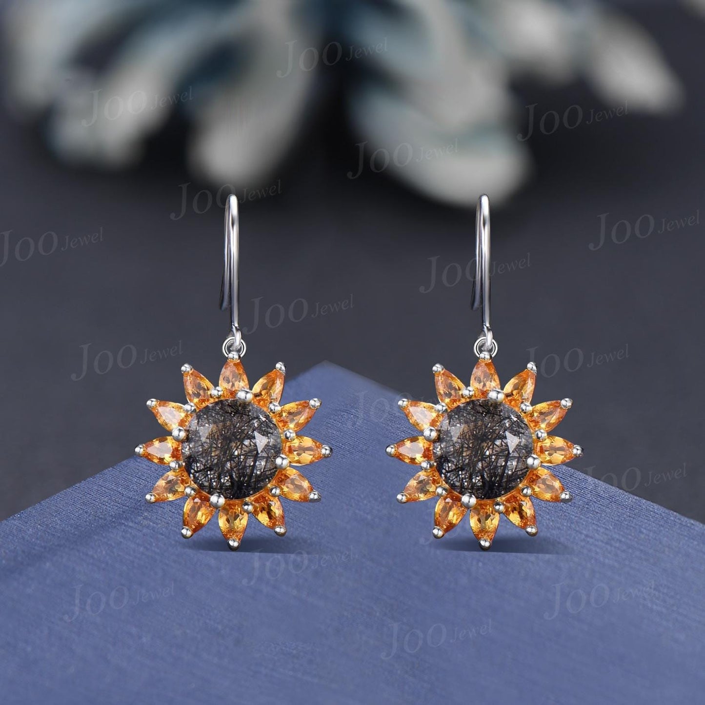 Sterling Silver Sunflower Hook Earrings Round Natural Black Rutilated Quartz Citrine Boho Studs -You Are My Sunshine Unique Birthday Gifts