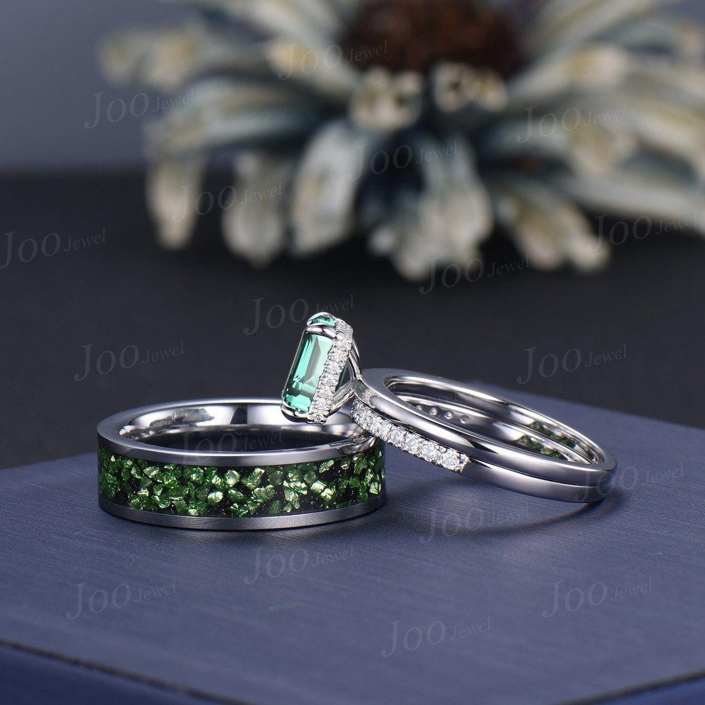 2ct Emerald Cut Green Sapphire Matching Couple Ring Set Sterling Silver Solitaire Engagement Ring for Her Teal Tungsten Wedding Band for Him