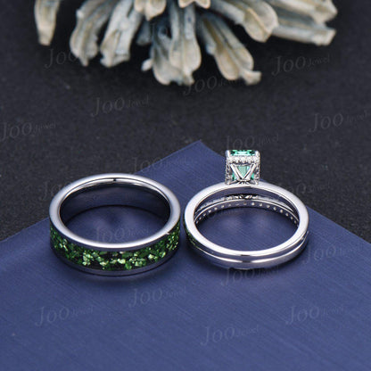 2ct Emerald Cut Green Sapphire Matching Couple Ring Set Sterling Silver Solitaire Engagement Ring for Her Teal Tungsten Wedding Band for Him