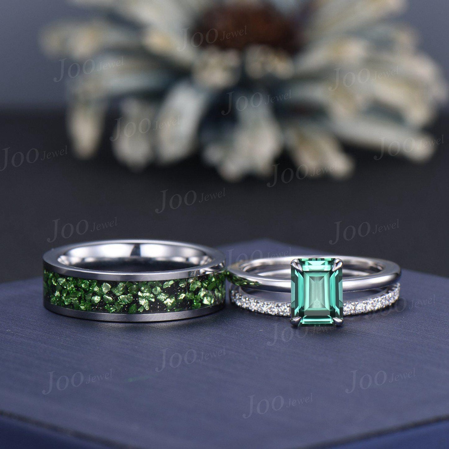 2ct Emerald Cut Green Sapphire Matching Couple Ring Set Sterling Silver Solitaire Engagement Ring for Her Teal Tungsten Wedding Band for Him