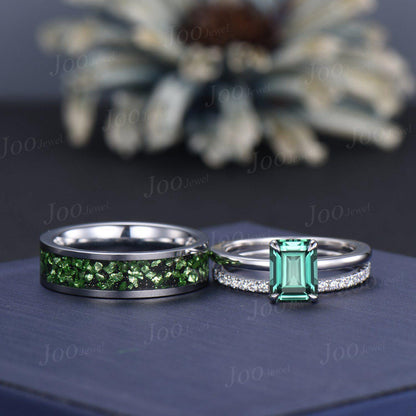 2ct Emerald Cut Green Sapphire Matching Couple Ring Set Sterling Silver Solitaire Engagement Ring for Her Teal Tungsten Wedding Band for Him