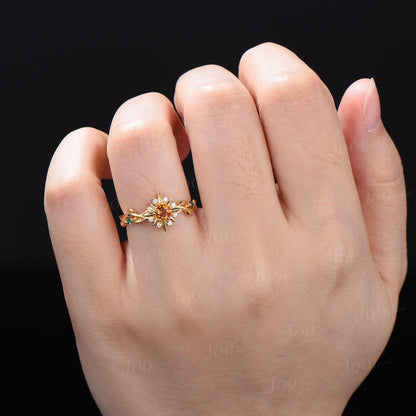 Natural Citrine Sunburst Ring 4mm/5mm Round Cut Yellow Citrine Wedding Ring Twig Vine Emerald Sunshine Promise Rings Gift for Daughter/Wife