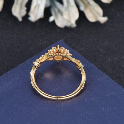 Natural Citrine Sunburst Ring 4mm/5mm Round Cut Yellow Citrine Wedding Ring Twig Vine Emerald Sunshine Promise Rings Gift for Daughter/Wife