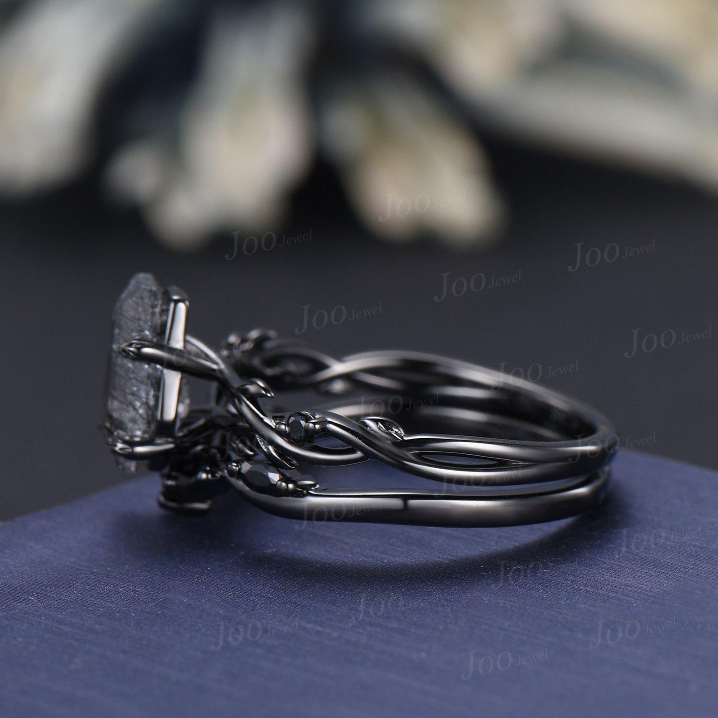 Retro Coffin Cut Natural Black Rutilated Quartz Engagement Ring Set Twig Vine Black Gothic Wedding Ring  Set for Black Wedding Dress/Gown