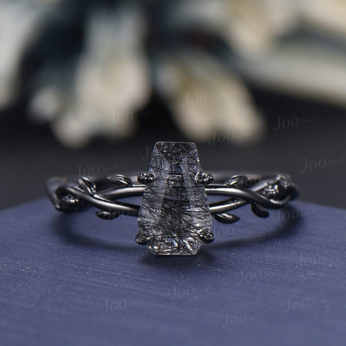 Retro Coffin Cut Natural Black Rutilated Quartz Engagement Ring Set Twig Vine Black Gothic Wedding Ring  Set for Black Wedding Dress/Gown