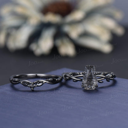 Retro Coffin Cut Natural Black Rutilated Quartz Engagement Ring Set Twig Vine Black Gothic Wedding Ring  Set for Black Wedding Dress/Gown