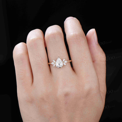 Pear Cut Lab Grown Diamond Engagement Ring With IGI Certificate 14K Yellow Gold Teardrop Diamond Ring Cluster Pear Wedding Bridal Ring Women