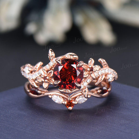 1CT Round Cut Natural Garnet Ring Set Rose Gold Branch Floral Nature Engagement Ring January Birthstone Bridal Set Unique Anniversary Gifts