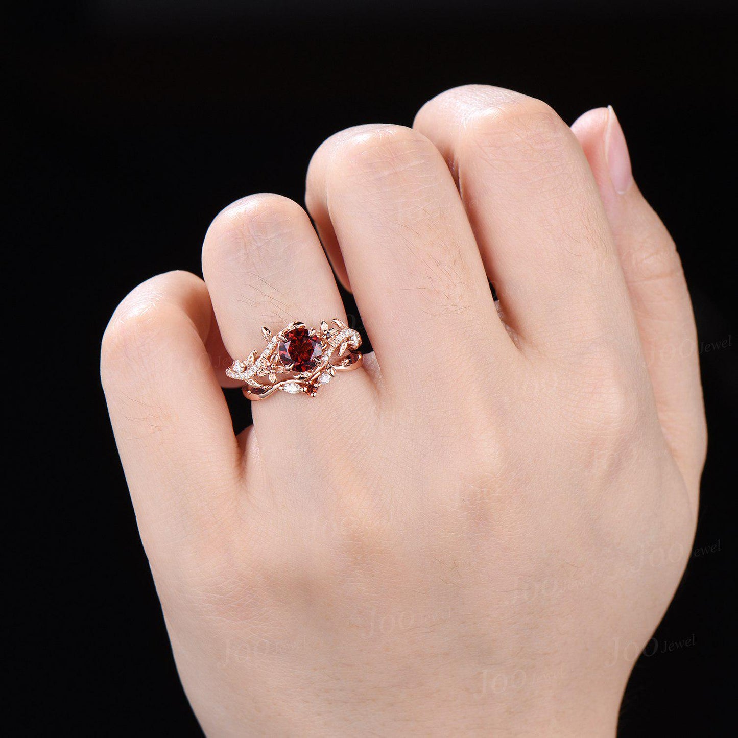 1CT Round Cut Natural Garnet Ring Set Rose Gold Branch Floral Nature Engagement Ring January Birthstone Bridal Set Unique Anniversary Gifts