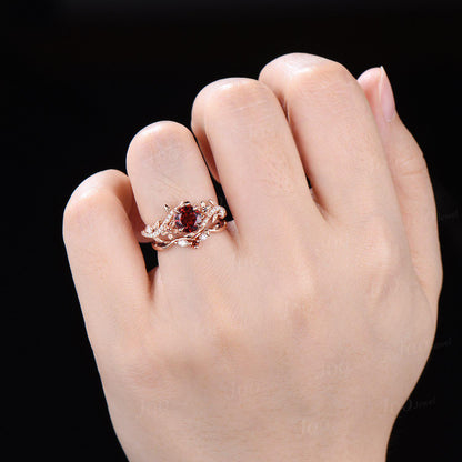 1CT Round Cut Natural Garnet Ring Set Rose Gold Branch Floral Nature Engagement Ring January Birthstone Bridal Set Unique Anniversary Gifts
