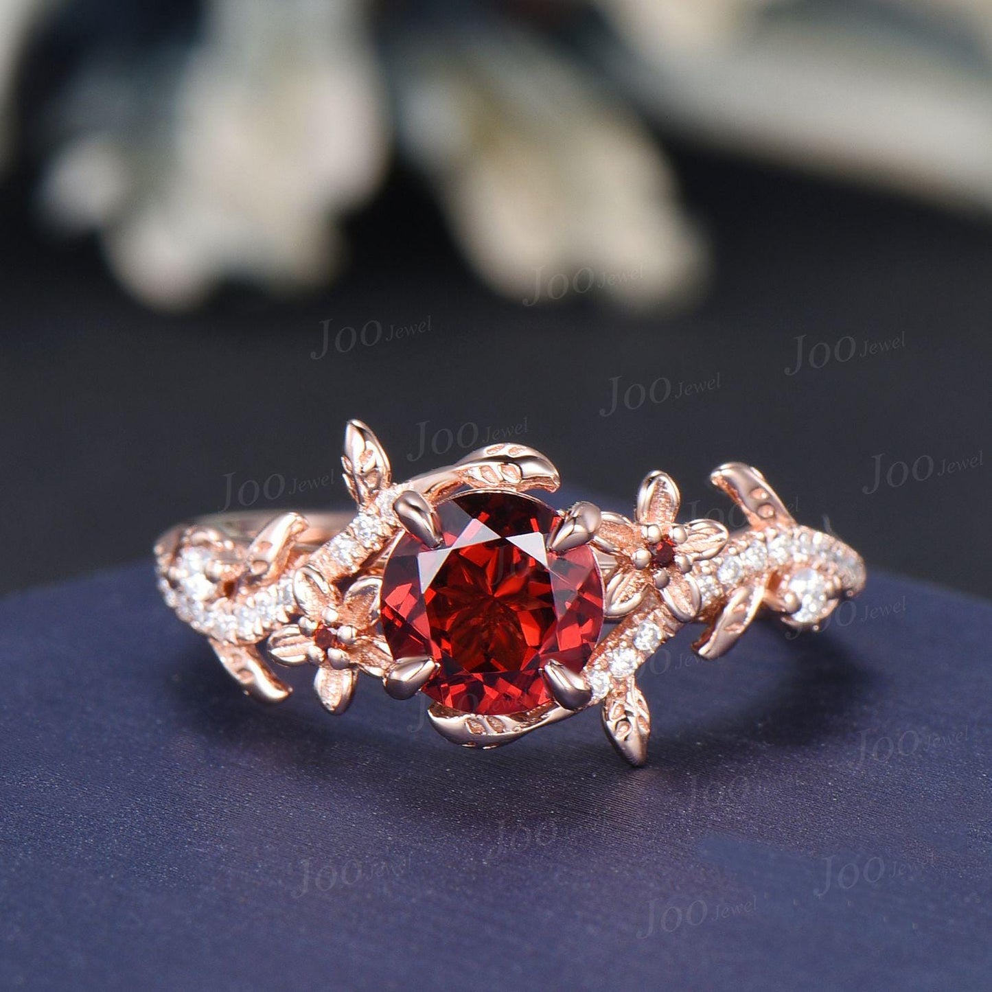 1CT Round Cut Natural Garnet Ring Set Rose Gold Branch Floral Nature Engagement Ring January Birthstone Bridal Set Unique Anniversary Gifts
