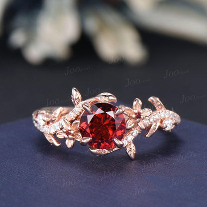 1CT Round Cut Natural Garnet Ring Set Rose Gold Branch Floral Nature Engagement Ring January Birthstone Bridal Set Unique Anniversary Gifts