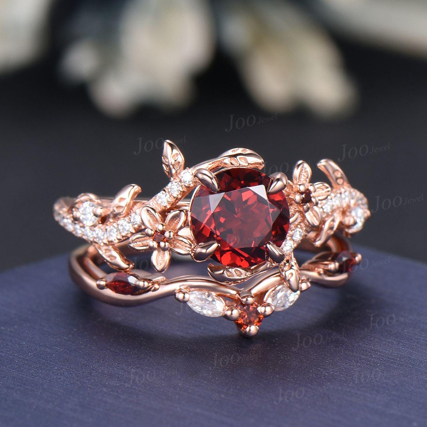 1CT Round Cut Natural Garnet Ring Set Rose Gold Branch Floral Nature Engagement Ring January Birthstone Bridal Set Unique Anniversary Gifts