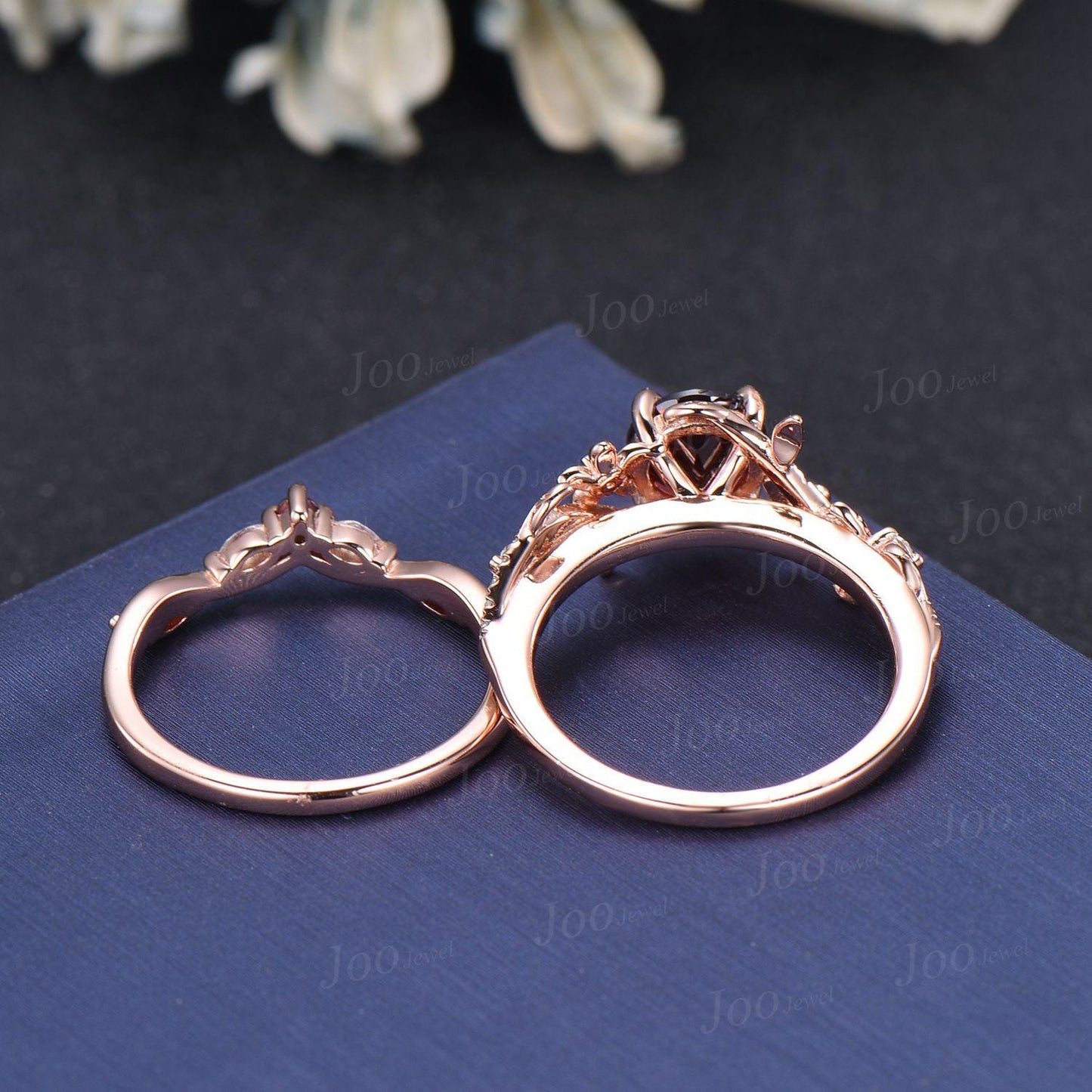 1CT Round Cut Natural Garnet Ring Set Rose Gold Branch Floral Nature Engagement Ring January Birthstone Bridal Set Unique Anniversary Gifts