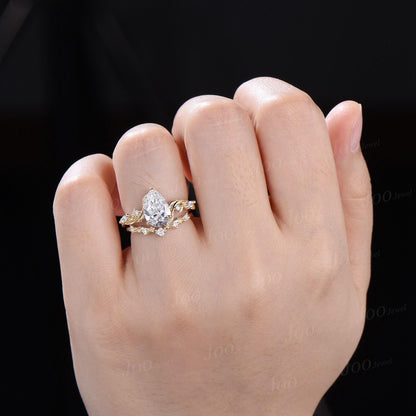 2 Carat Sparkling Teardrop Cut Lab Grown Diamond Engagement Ring Set with IGI Certificate 14K Solid Yellow Gold Nature Inspired Bridal Rings