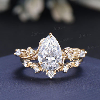 2 Carat Sparkling Teardrop Cut Lab Grown Diamond Engagement Ring Set with IGI Certificate 14K Solid Yellow Gold Nature Inspired Bridal Rings